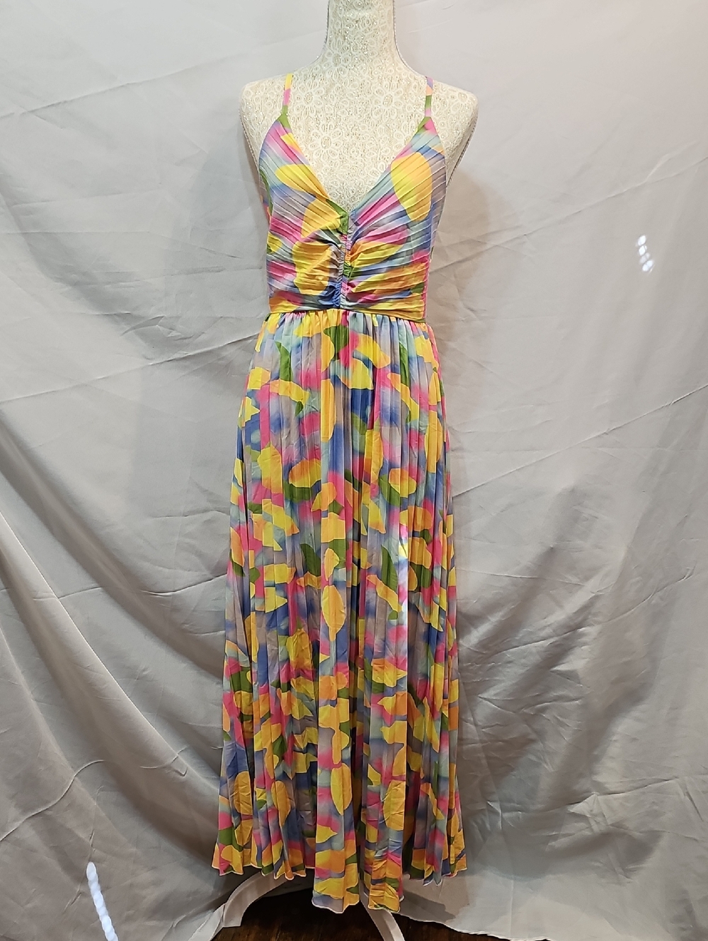Colorful Pleated Maxi Dress with Ruched Bodice